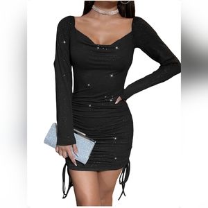 Women's Square Neck, Black Sparkle Long Sleeve Ruched Bodycon Dress Medium